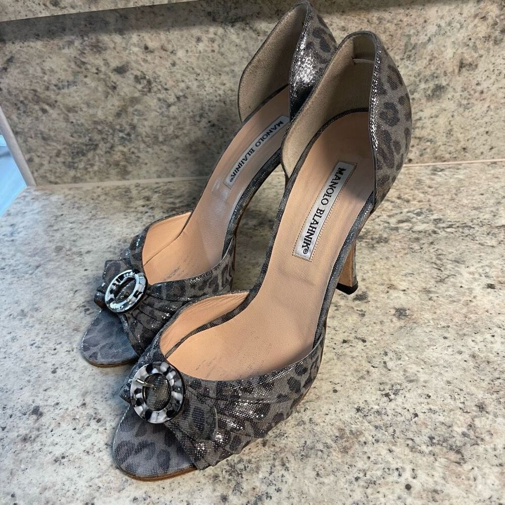 Manolo Blahnik Gray Leopard Print Open-Toe Heels with Decorative Buckle